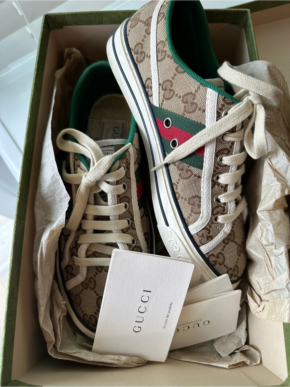 Gucci GG Canvas Low-Top Sneakers with Green-Red Web Stripe size 38